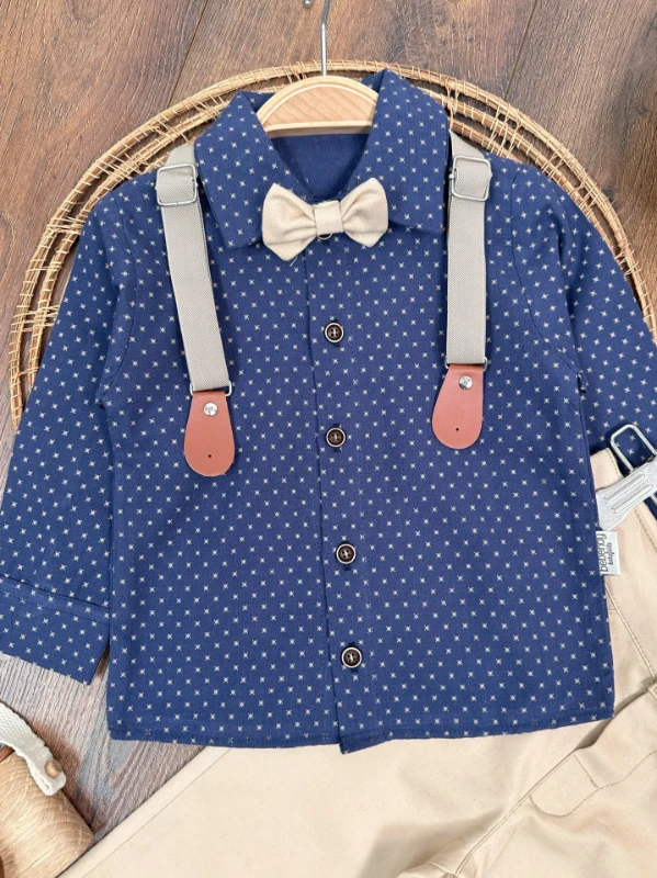 Askı Kemerli Şapkalı Papyonlu Likralı Gabardin Pantolon Keten Gömlek 5li Erkek Bebek Takım