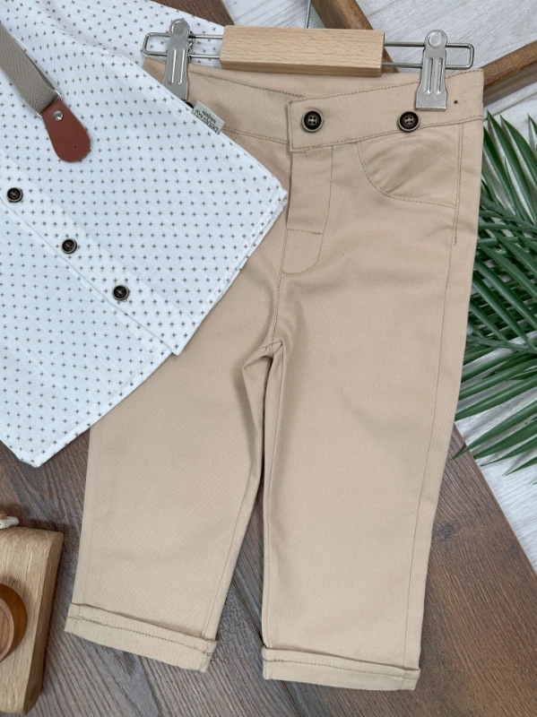 Askı Kemerli Şapkalı Papyonlu Likralı Gabardin Pantolon Keten Gömlek 5li Erkek Bebek Takım