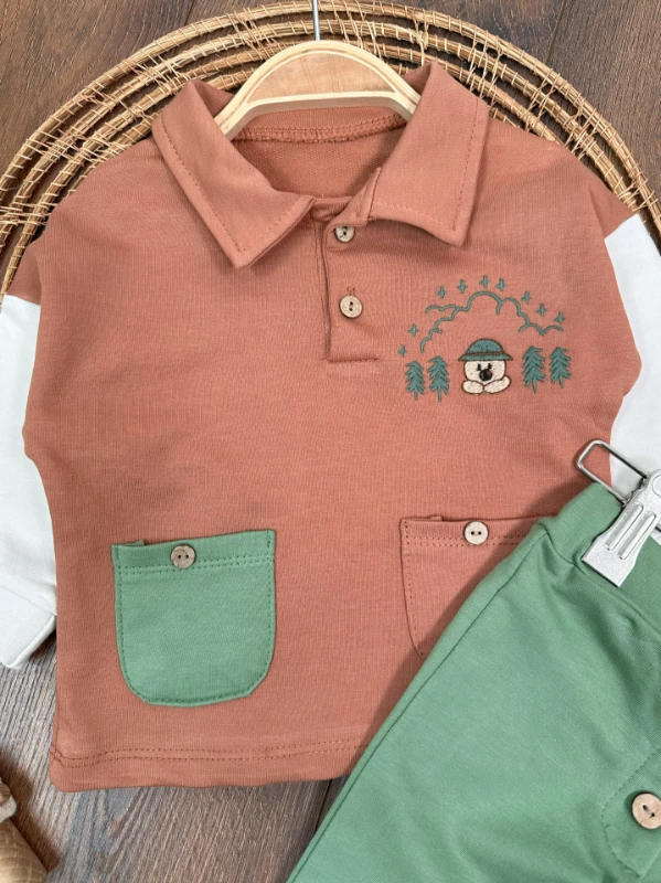 Polo Yaka Kampçı Ayıcık Nakışlı Cep Detaylı Erkek Bebek Takım