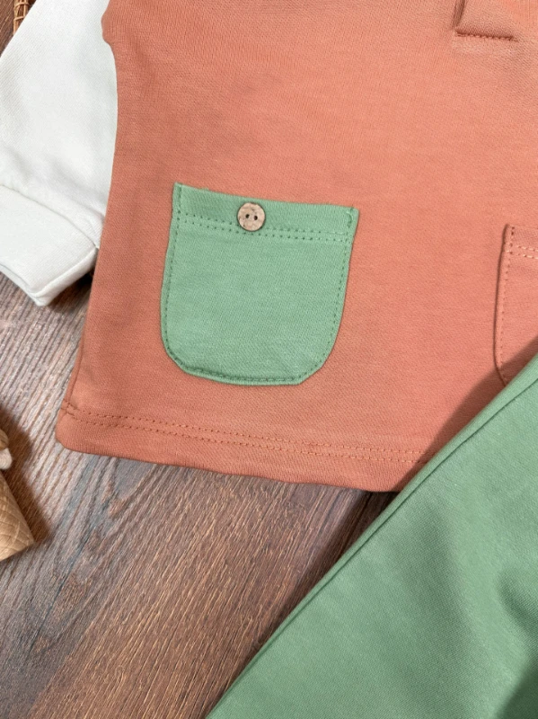 Polo Yaka Kampçı Ayıcık Nakışlı Cep Detaylı Erkek Bebek Takım