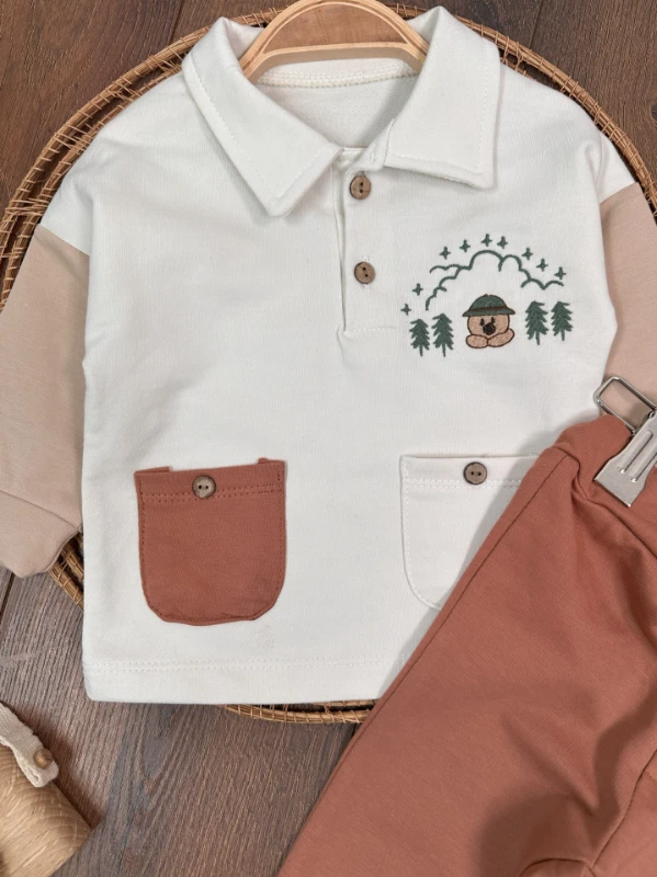 Polo Yaka Kampçı Ayıcık Nakışlı Cep Detaylı Erkek Bebek Takım