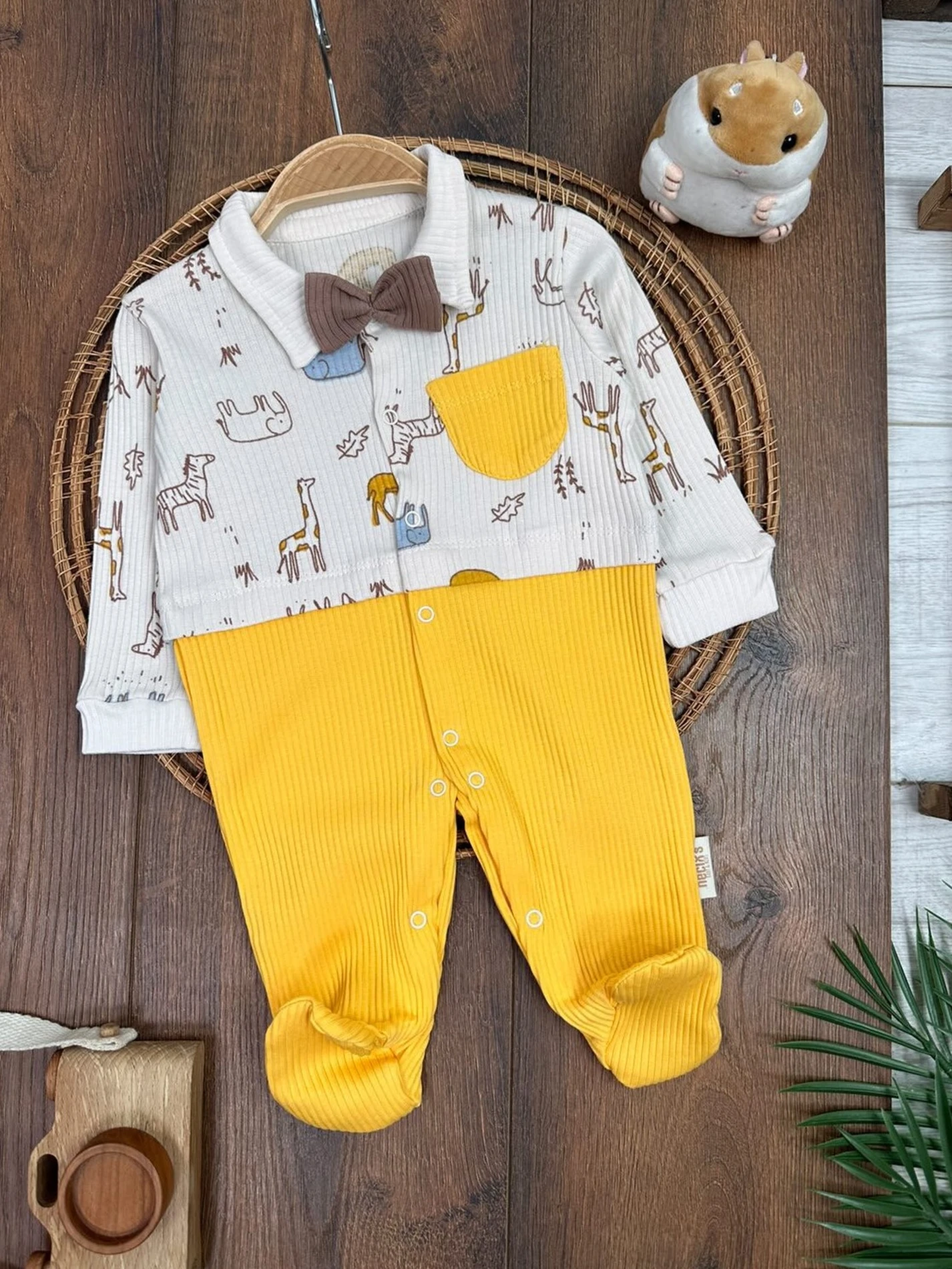 Safari Baskılı Papyonlu Çıtçıtlı Patikli Kaşkorse Esnek Erkek Bebek Tulum - SARI