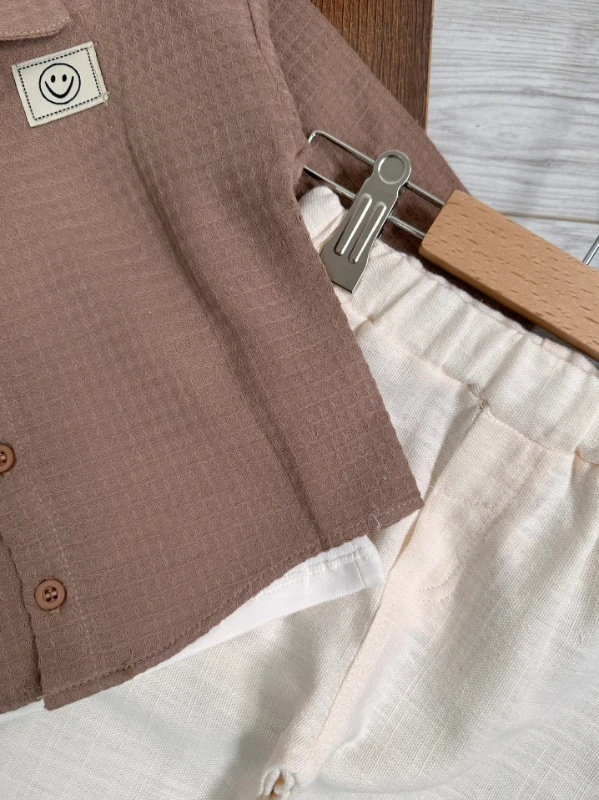 Oversize Mevsimlik Önden Düğmeli Badili Keten Pantolon Geniş Kesim 3lü Erkek Bebek Takım