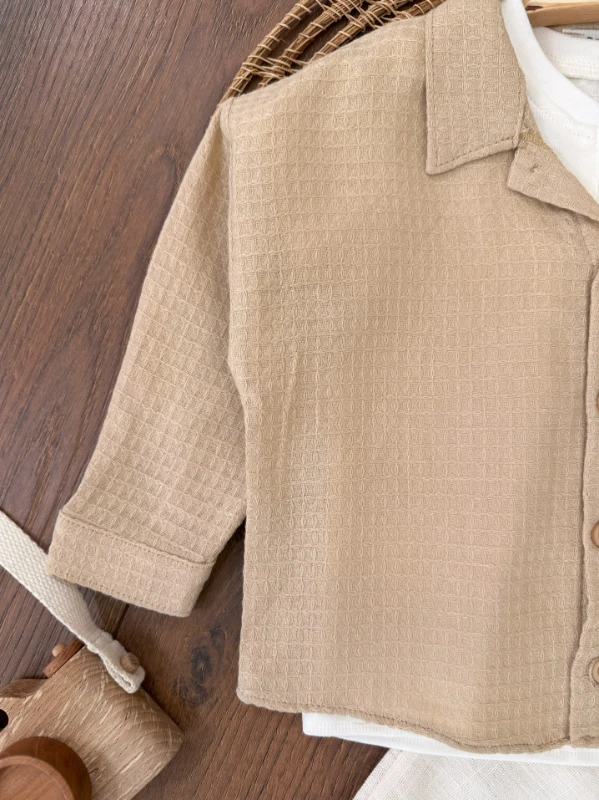 Oversize Mevsimlik Önden Düğmeli Badili Keten Pantolon Geniş Kesim 3lü Erkek Bebek Takım