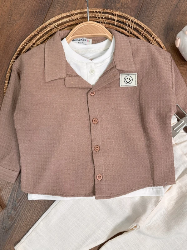 Oversize Mevsimlik Önden Düğmeli Badili Keten Pantolon Geniş Kesim 3lü Erkek Bebek Takım