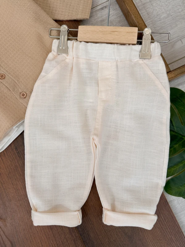 Oversize Mevsimlik Önden Düğmeli Badili Keten Pantolon Geniş Kesim 3lü Erkek Bebek Takım