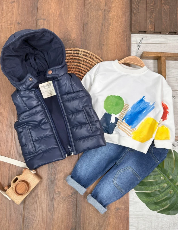 Şişme Yelek Kapüşonlu Etnik Desen Sweatshirt Likralı Pantolon 3lü Erkek Bebek Takım