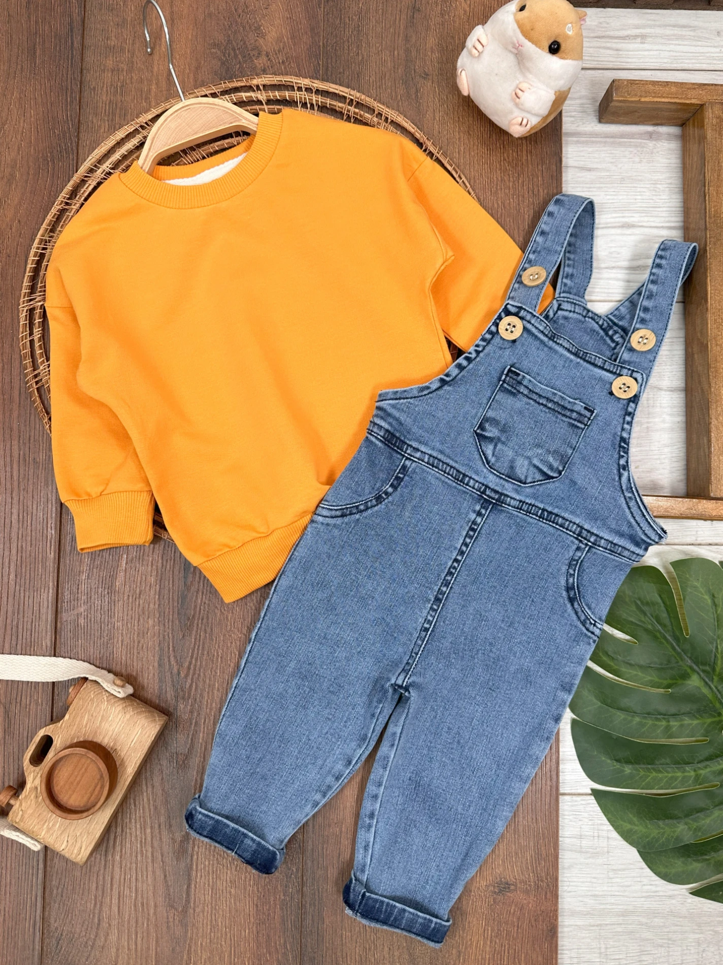 Salopet Likralı Kot Sweatshirt Oversize Unisex Salopet Kot Bebek Takım