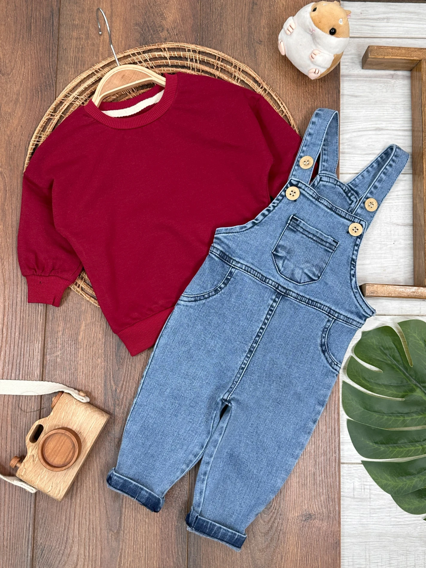 Salopet Likralı Kot Sweatshirt Oversize Unisex Salopet Kot Bebek Takım - BORDO
