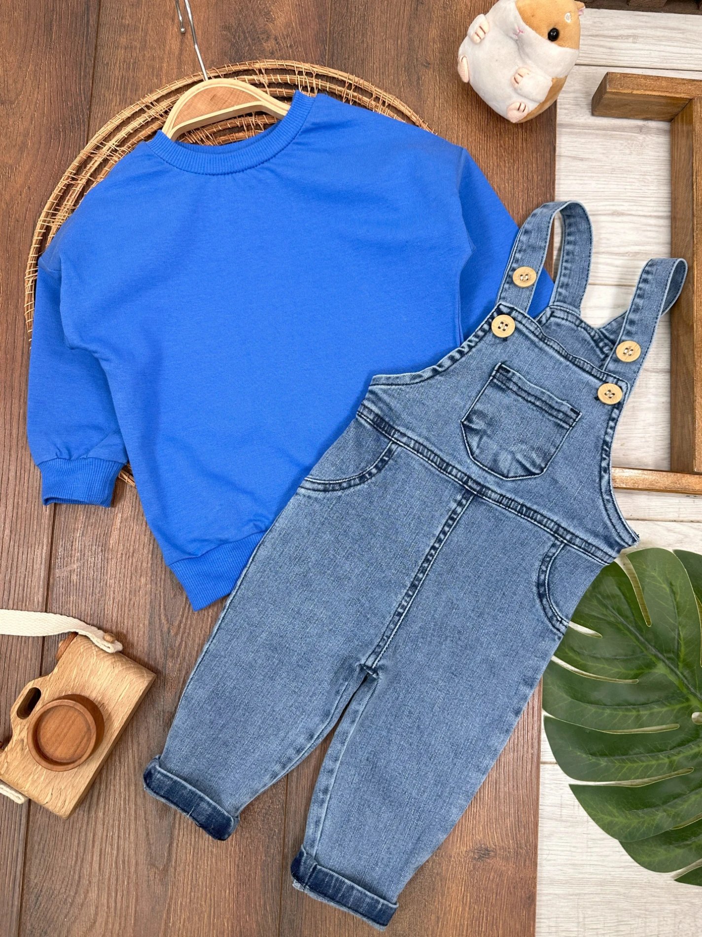Salopet Likralı Kot Sweatshirt Oversize Unisex Salopet Kot Bebek Takım - MAVİ