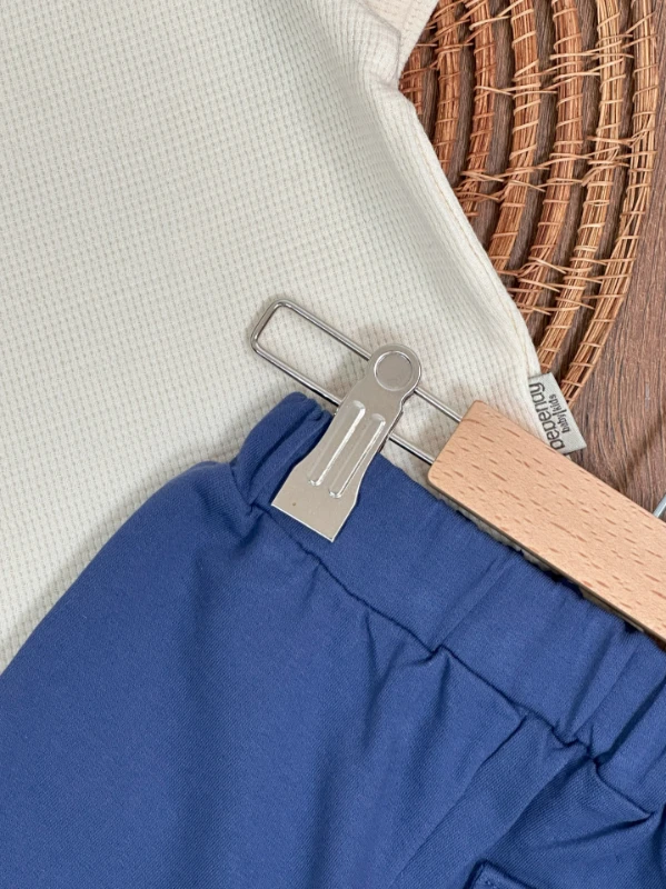 Oversize Geniş Kalıp Safari Şapkalı Cep Detaylı Omuzdan Çıtçıtlı Waffle Tshirt Yazlık Erkek Bebek Takım
