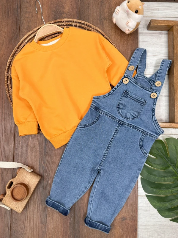 Salopet Likralı Kot Sweatshirt Oversize Unisex Salopet Kot Bebek Takım