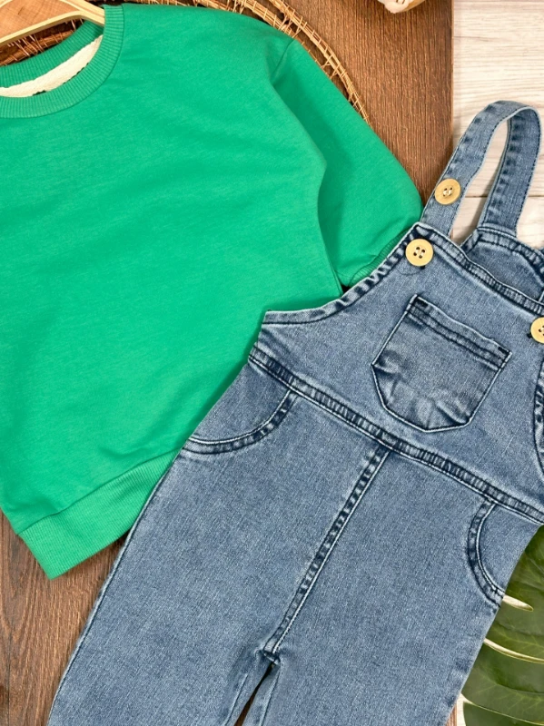 Salopet Likralı Kot Sweatshirt Oversize Unisex Salopet Kot Bebek Takım