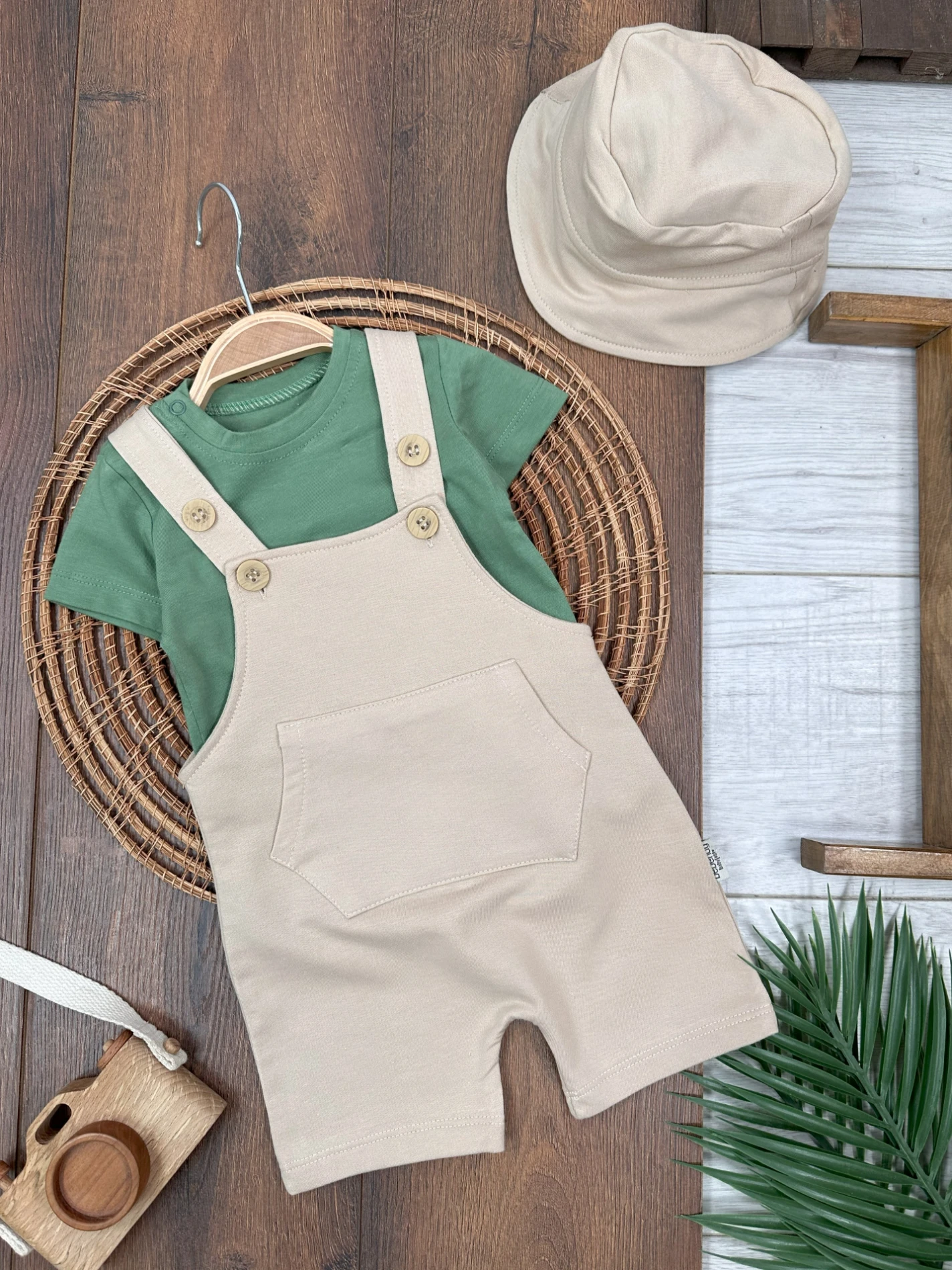 Salopet Safari Şapkalı Badili Rahat Beden Yazlık 3lü Erkek Bebek Takım/Tulum - SÜTLÜ KAHVE