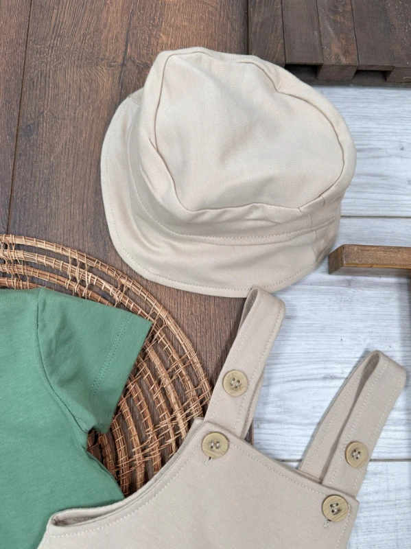 Salopet Safari Şapkalı Badili Rahat Beden Yazlık 3lü Erkek Bebek Takım/Tulum