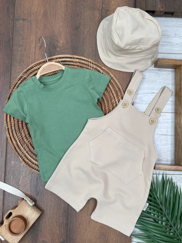Salopet Safari Şapkalı Badili Rahat Beden Yazlık 3lü Erkek Bebek Takım/Tulum