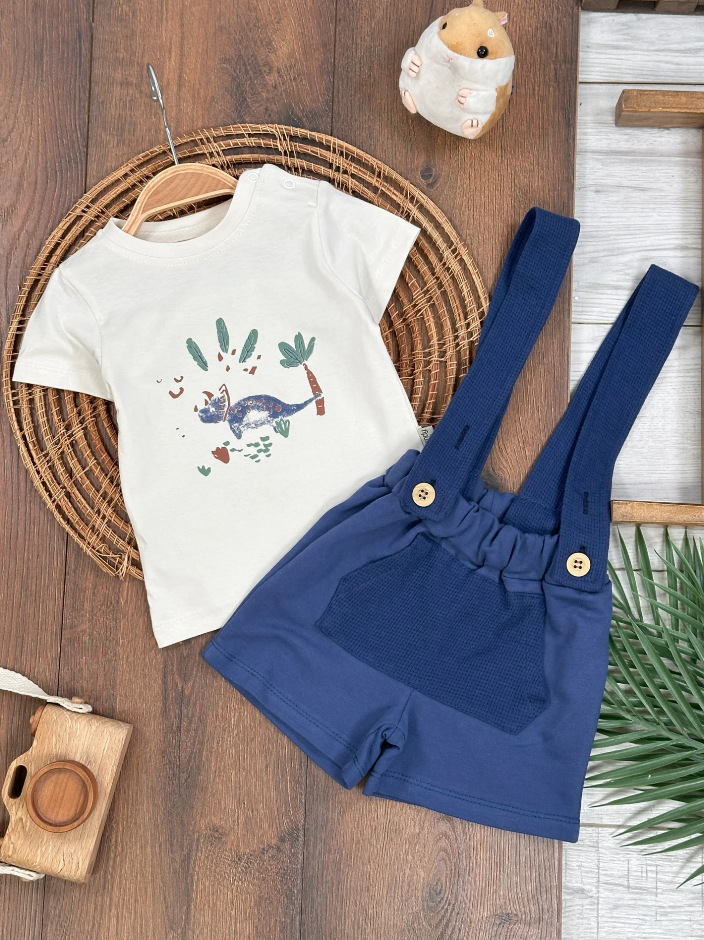 Salopet Dino Baskılı Omuzdan Çıtçıtlı Yazlık Erkek Bebek Takım - LACİVERT
