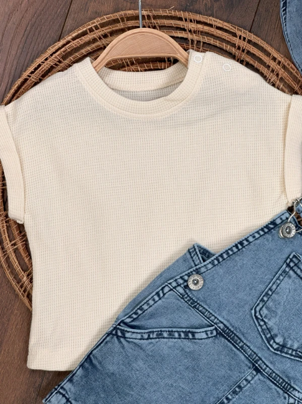Kot Salopet Şapkalı Waffle T-shirt Kanguru Cep Unisex Yazlık Bebek Takım