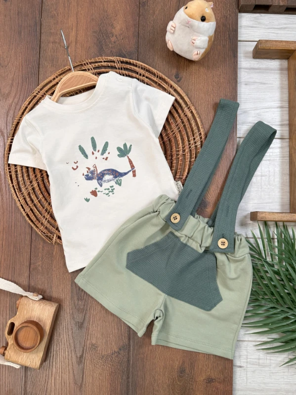 Salopet Dino Baskılı Omuzdan Çıtçıtlı Yazlık Erkek Bebek Takım