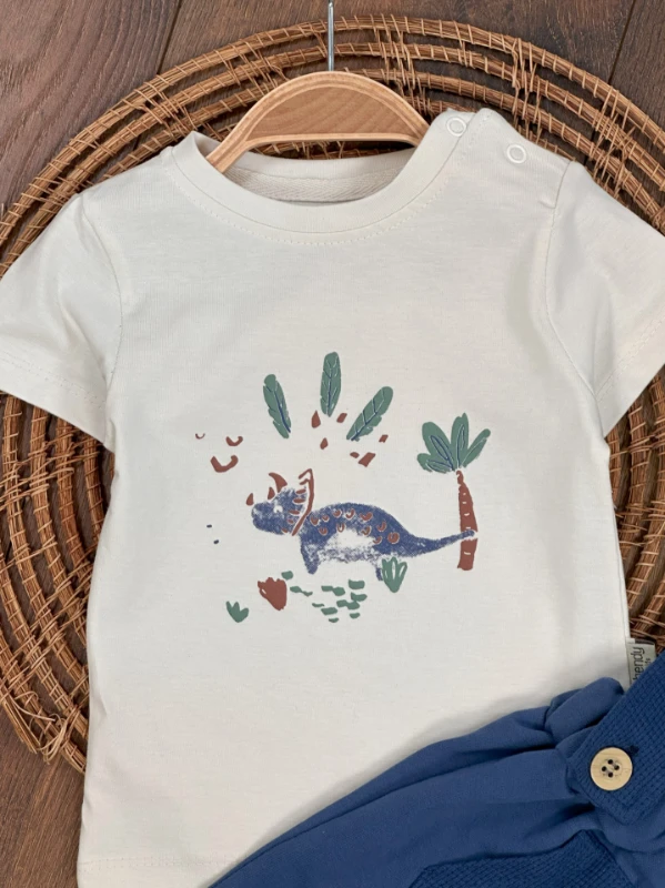 Salopet Dino Baskılı Omuzdan Çıtçıtlı Yazlık Erkek Bebek Takım