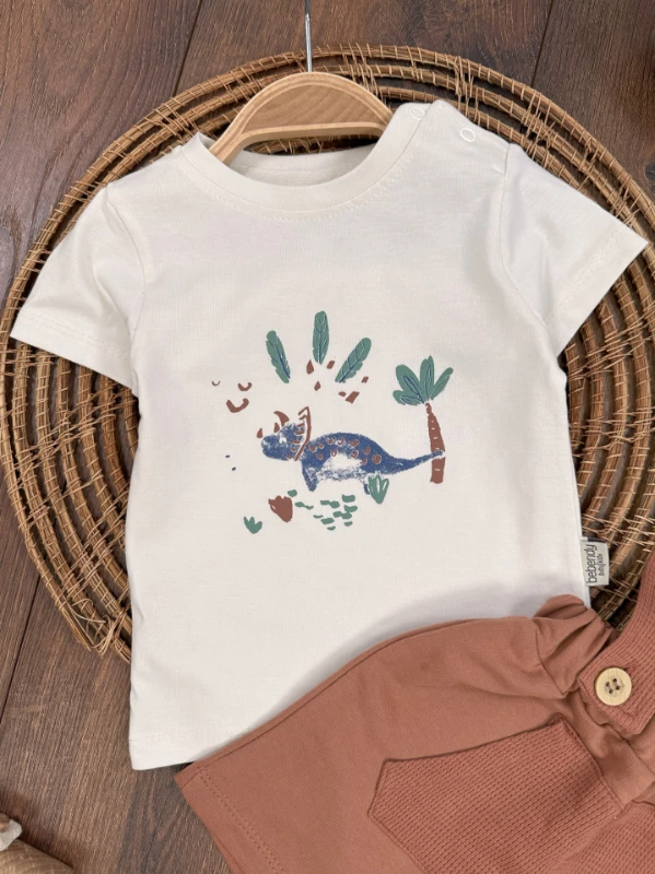 Salopet Dino Baskılı Omuzdan Çıtçıtlı Yazlık Erkek Bebek Takım