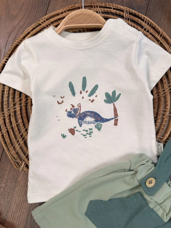 Salopet Dino Baskılı Omuzdan Çıtçıtlı Yazlık Erkek Bebek Takım
