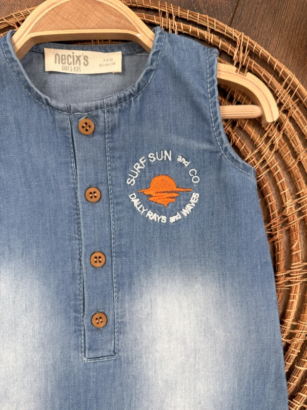 Likralı Düğmeli Yazlık Erkek Bebek Kot Tulum