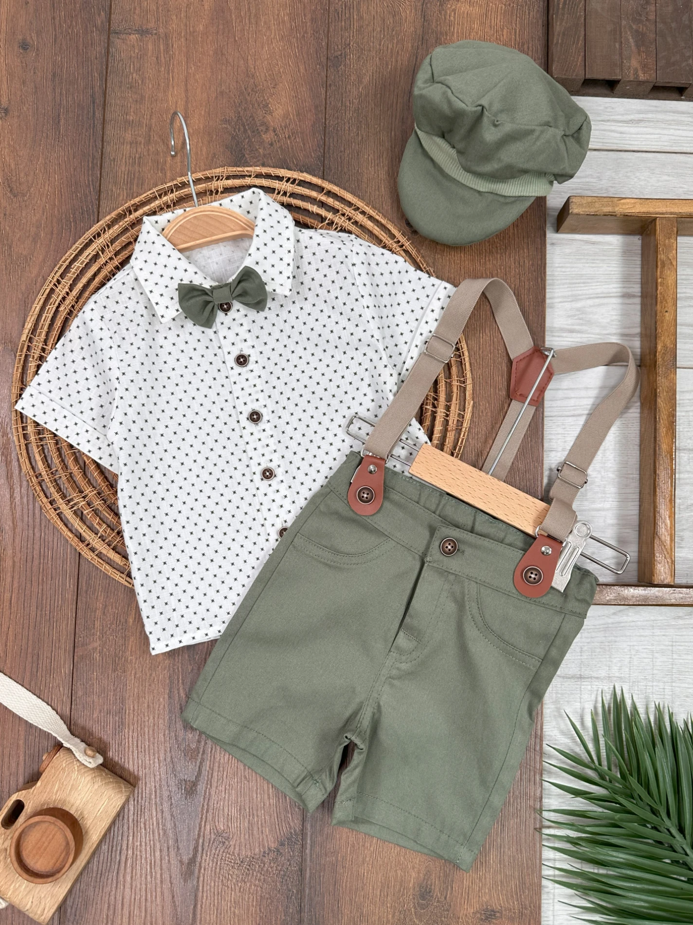  Askı Kemerli Papyonlu Şapkalı Keten Yazlık Erkek Bebek Takım - YEŞİL
