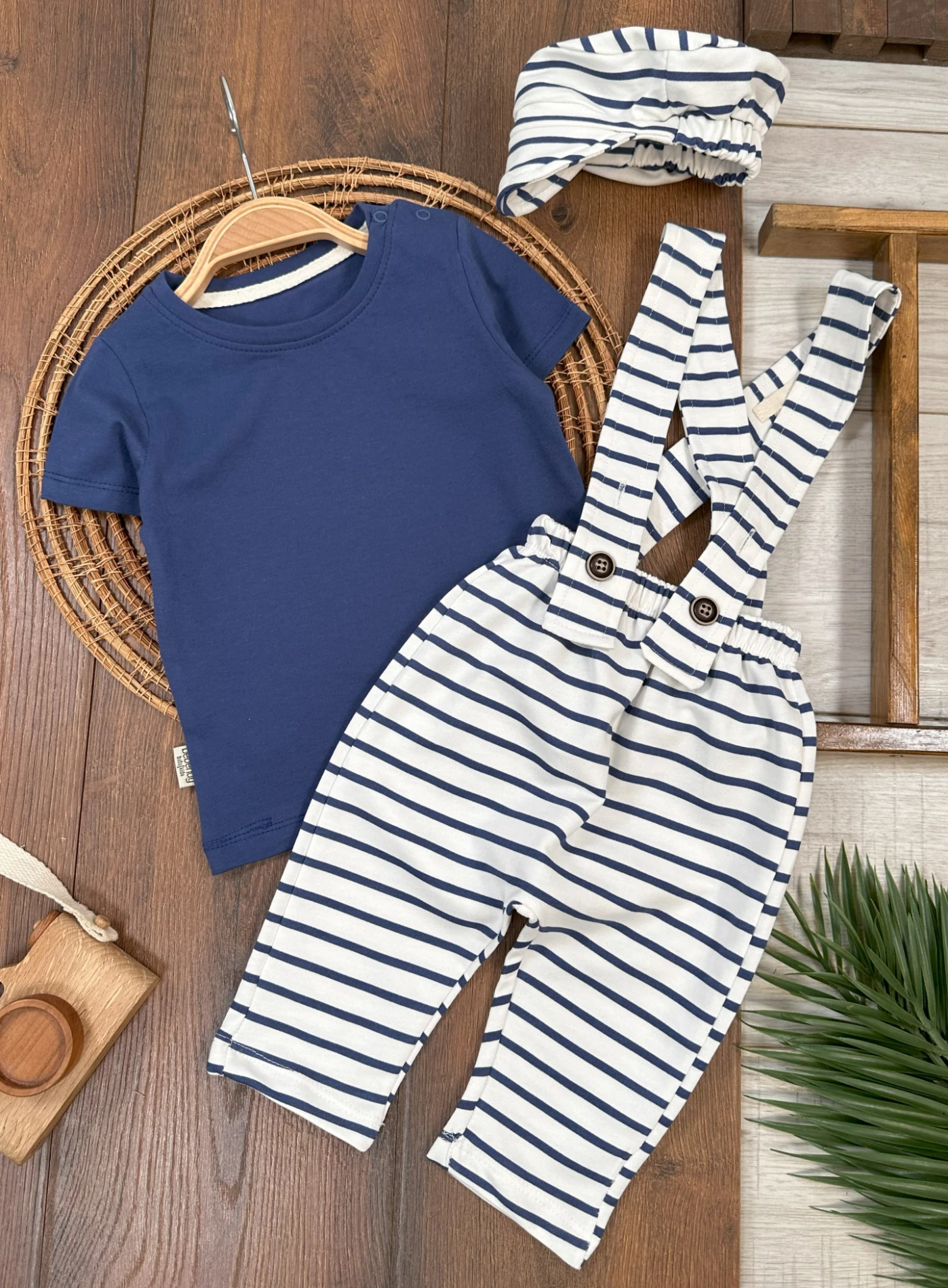 Salopet Şapkalı Çizgili Omuzdan Çıtçıtlı Yazlık Erkek Bebek Takım