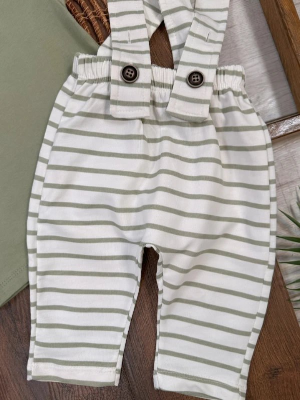 Salopet Şapkalı Çizgili Omuzdan Çıtçıtlı Yazlık Erkek Bebek Takım