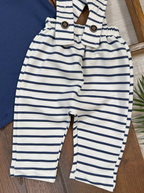 Salopet Şapkalı Çizgili Omuzdan Çıtçıtlı Yazlık Erkek Bebek Takım