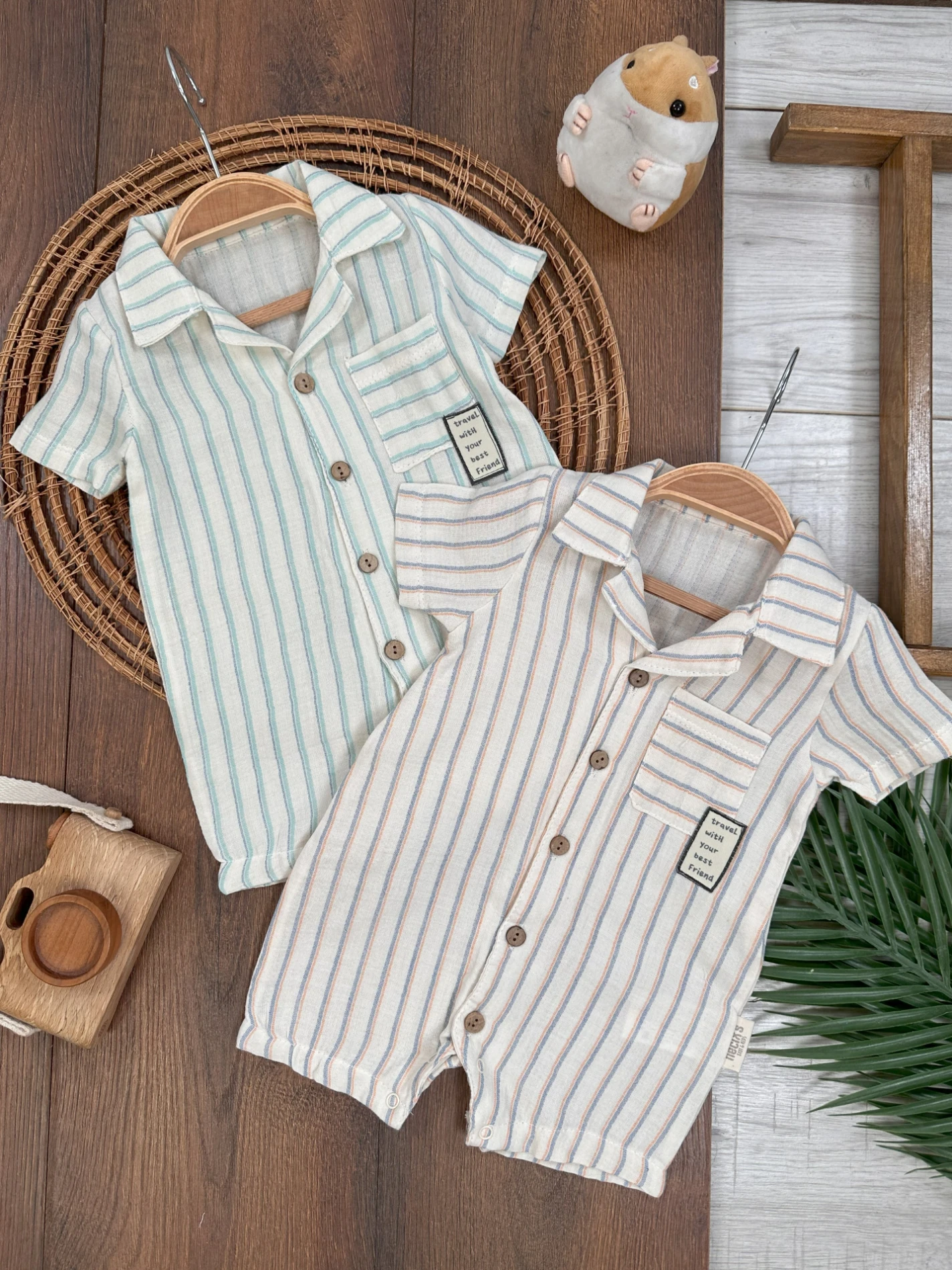 Keten Önden Düğmeli Çizgili Alttan Çıtçıtlı Yazlık Erkek Bebek Tulum