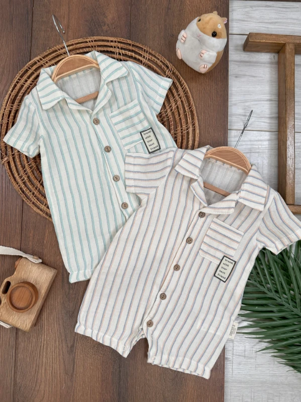 Keten Önden Düğmeli Çizgili Alttan Çıtçıtlı Yazlık Erkek Bebek Tulum
