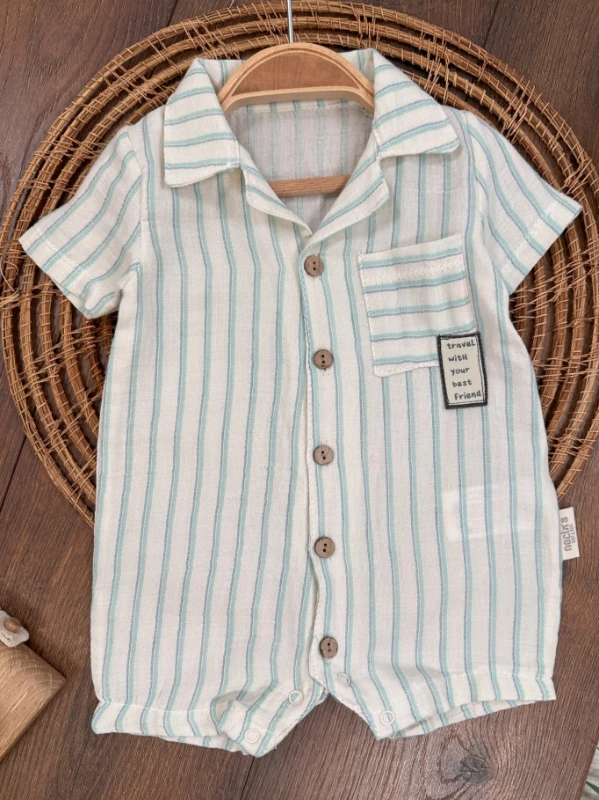 Keten Önden Düğmeli Çizgili Alttan Çıtçıtlı Yazlık Erkek Bebek Tulum