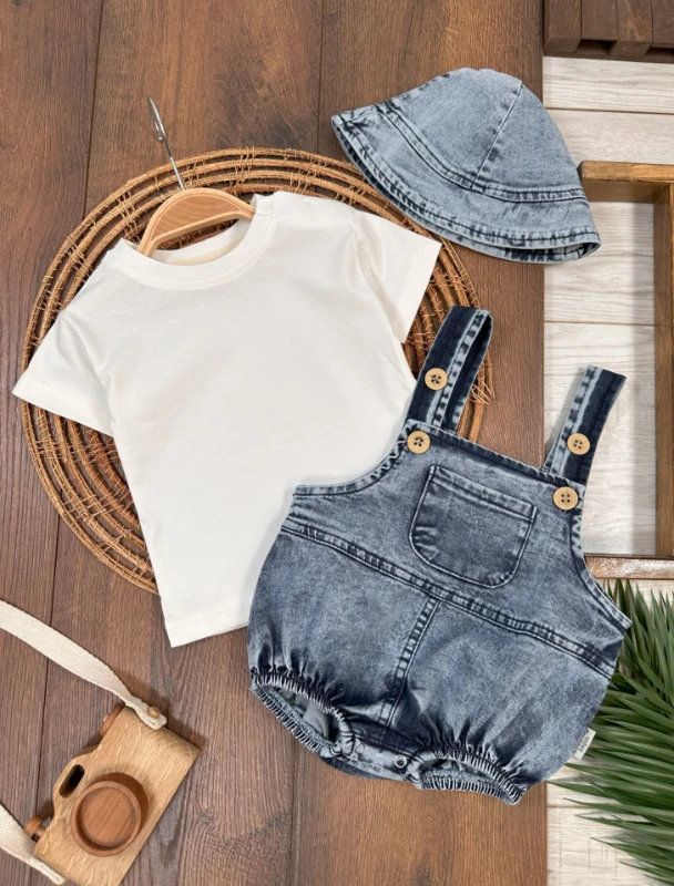 Kot Salopet Şapkalı Alttan Çıtçıtlı Likralı 3lü Yazlık Unisex Bebek Takım