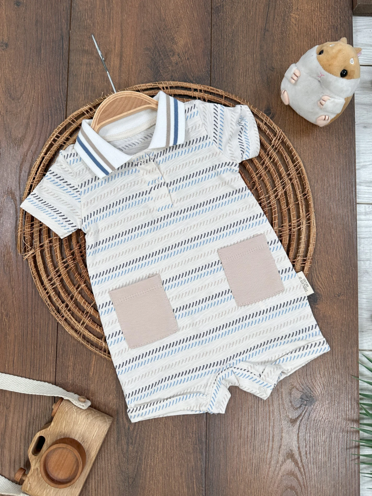 Polo Yaka Etnik Desen Alttan Çıtçıtlı Yazlık Erkek Bebek Tulum - KREM