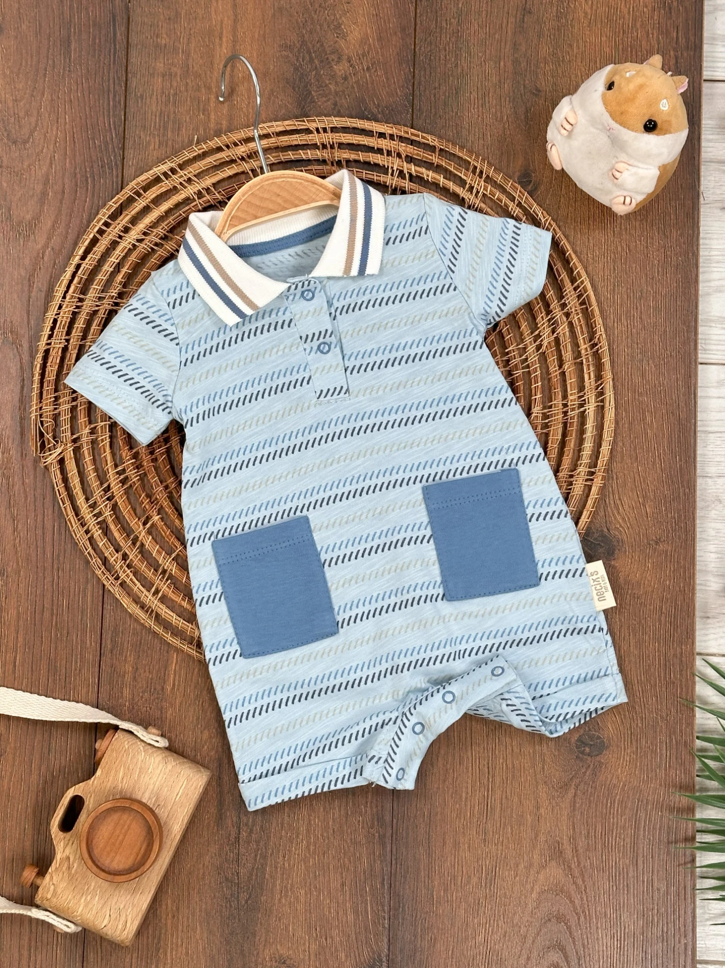 Polo Yaka Etnik Desen Alttan Çıtçıtlı Yazlık Erkek Bebek Tulum - MAVİ