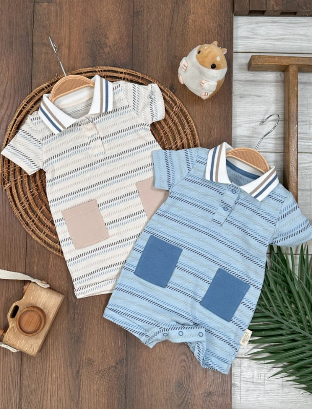Polo Yaka Etnik Desen Alttan Çıtçıtlı Yazlık Erkek Bebek Tulum