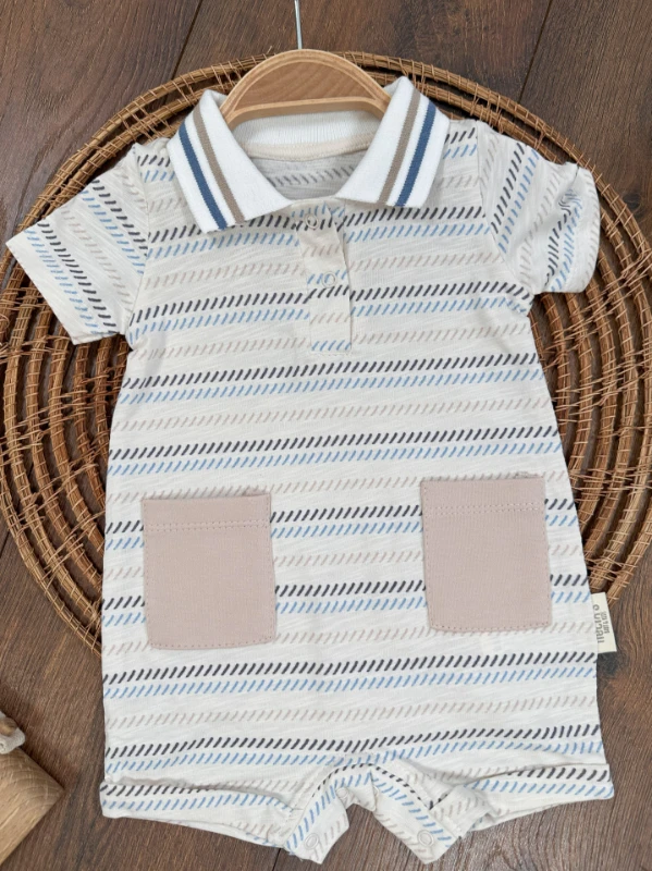 Polo Yaka Etnik Desen Alttan Çıtçıtlı Yazlık Erkek Bebek Tulum