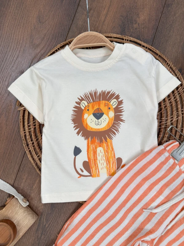Müslin Çizgili Pantolon Aslan Baskılı Badi Yazlık Erkek Bebek Takım