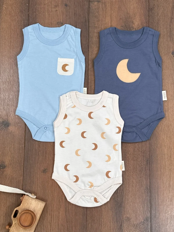Ay Desen Çıtçıtlı Yazlık 3lü Yenidoğan Erkek Bebek Tulum Set