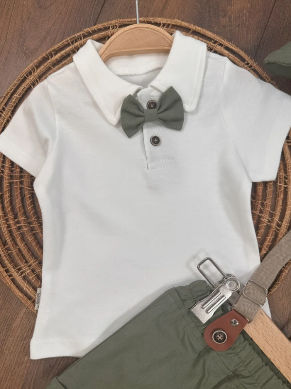 Askı Kemerli Şapkalı Papyonlu Likralı Şort Polo Yaka Badi 5li Yazlık Erkek Bebek Takım