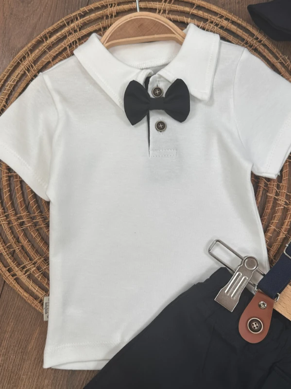 Askı Kemerli Şapkalı Papyonlu Likralı Şort Polo Yaka Badi 5li Yazlık Erkek Bebek Takım