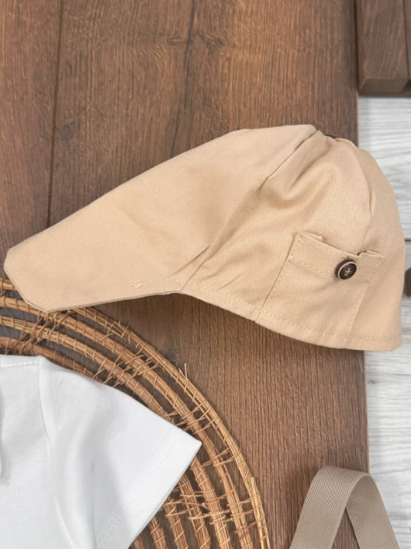 Askı Kemerli Şapkalı Papyonlu Likralı Şort Polo Yaka Badi 5li Yazlık Erkek Bebek Takım