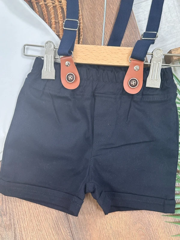 Askı Kemerli Şapkalı Papyonlu Likralı Şort Polo Yaka Badi 5li Yazlık Erkek Bebek Takım