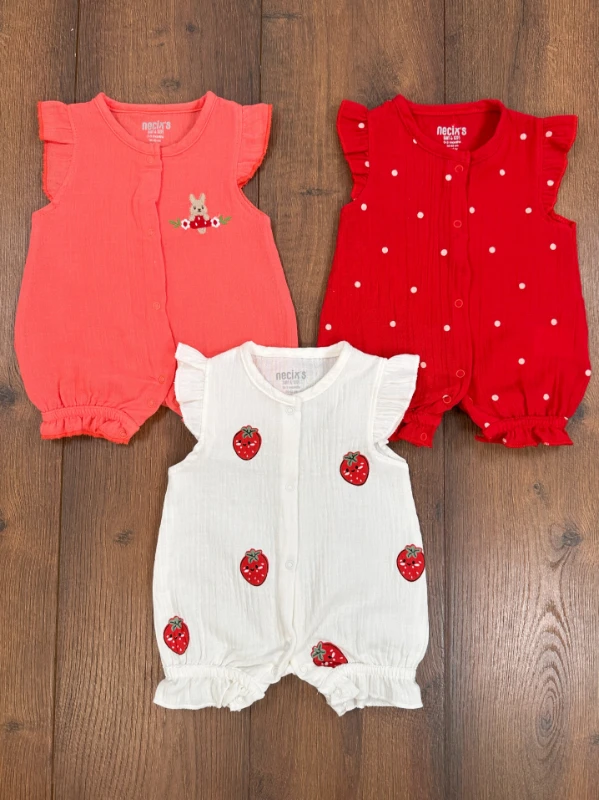 Müslin Önden Çıtçıtlı 3lü Yenidoğan Yazlık Kız Bebek Tulum Set
