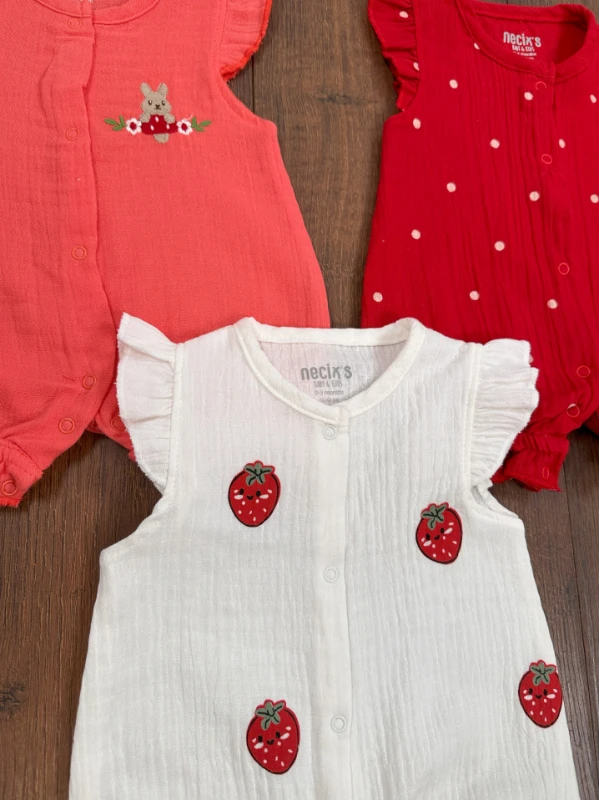 Müslin Önden Çıtçıtlı 3lü Yenidoğan Yazlık Kız Bebek Tulum Set