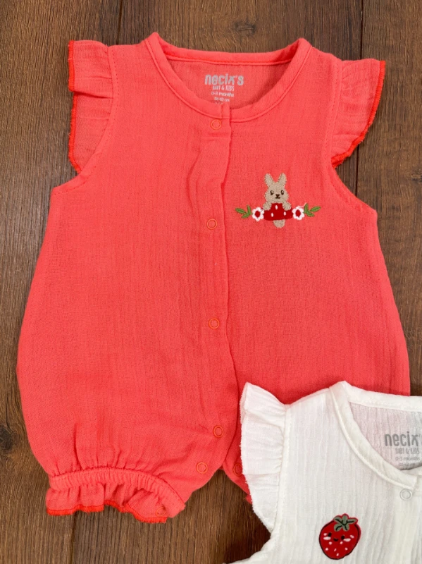 Müslin Önden Çıtçıtlı 3lü Yenidoğan Yazlık Kız Bebek Tulum Set