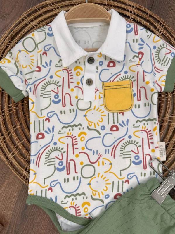 Polo Yaka Etnik Desen Alttan Çıtçıtlı Yazlık Erkek Bebek Takım