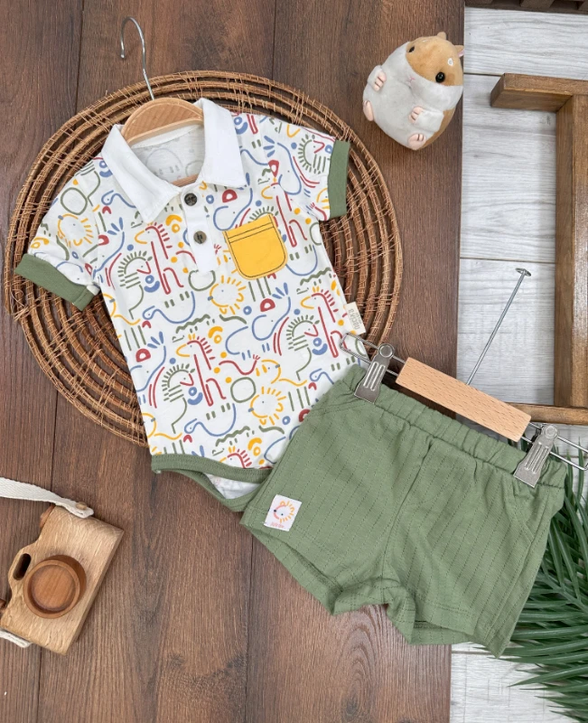 Polo Yaka Etnik Desen Alttan Çıtçıtlı Yazlık Erkek Bebek Takım